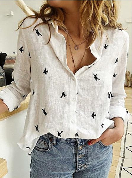 European And American Loose Button Printed Long-Sleeved Shirt