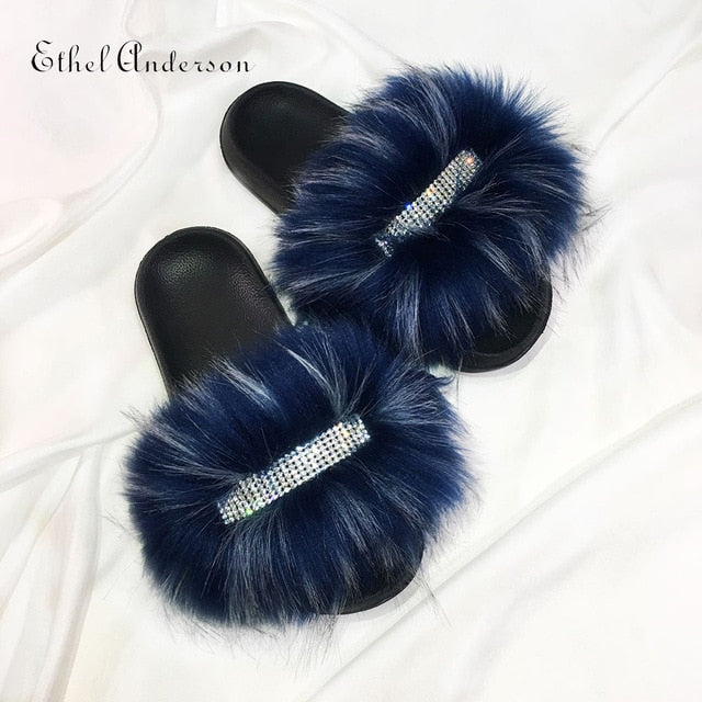 Women's Faux Furry Fur slides Flip Flops Female Slippers Rhinestones Decoration Style Footwear Woman Famous Brand Shoes