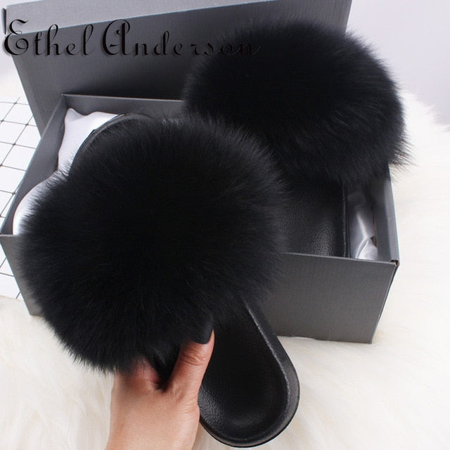 Ethel Anderson Fox fur Slippers Flip Flop women Fur Slides Sandals furry fluffy summer designer hot bestsale