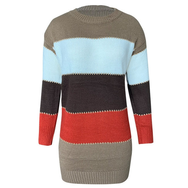 Autumn Winter Women New Solid Color Knitted Casual Contrast Round Neck Warm Dress