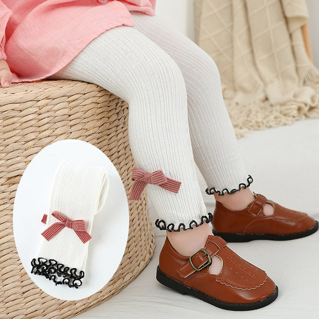 Kids Cotton Warm Ribbed Leggings Child Girl Solid Shaping Cute Princess Bow Lace Pants
