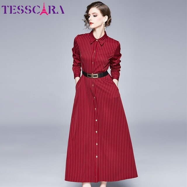 TESSCARA Women Autumn Long Elegant Dress Shirt High Quality Office Lady Party Robe