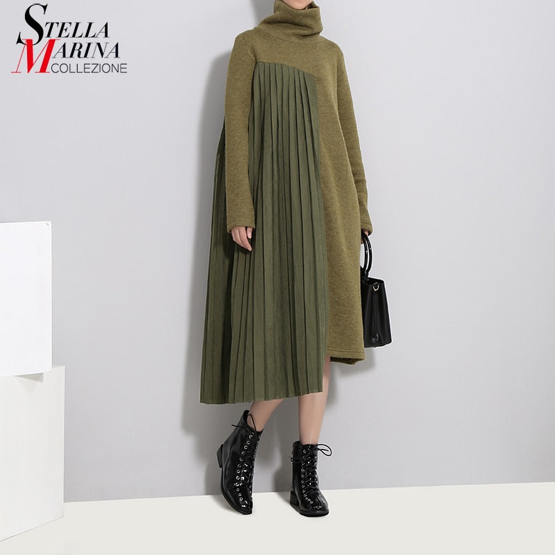 2020 Winter Women Green Pleated Sweater Dress Patchwork Long Sleeve Tu SeloYoha 2020 Winter Women Green Pleated Sweater Dress Patchwork Long Sleeve Tu SeloYoha