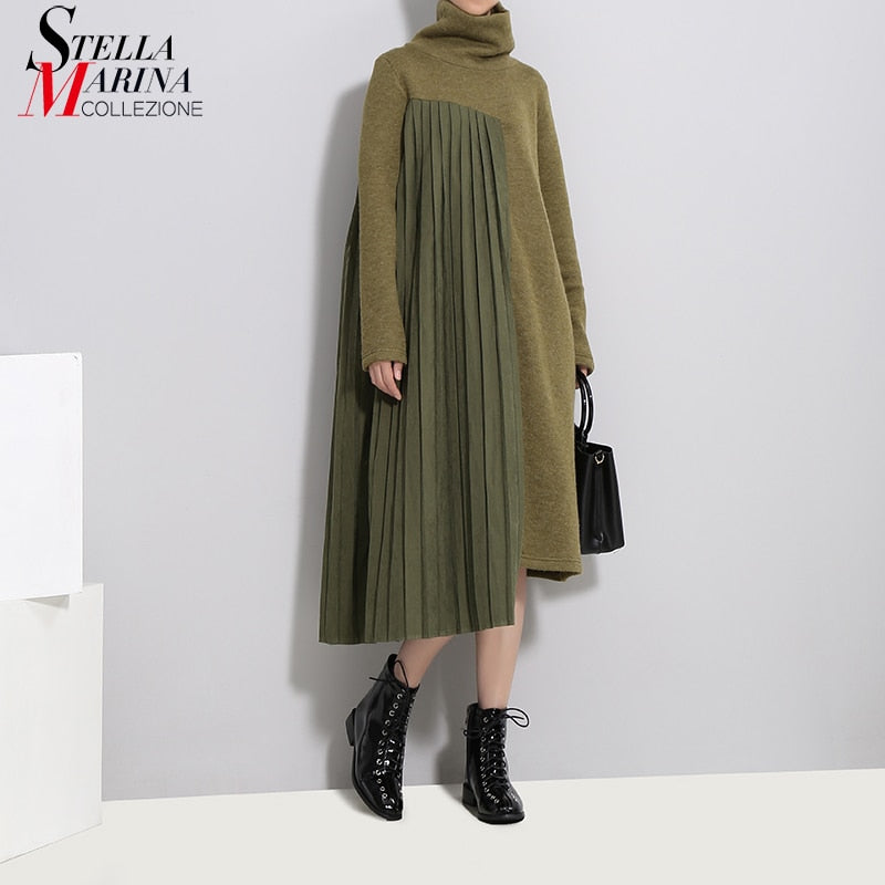 2020 Winter Women Green Pleated Sweater Dress Patchwork Long Sleeve Turtleneck Lady Casual Irregular Style Dress Robe Femme 3031